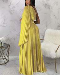 Satin Pleated Drape Sleeve Floor-Length Dresses