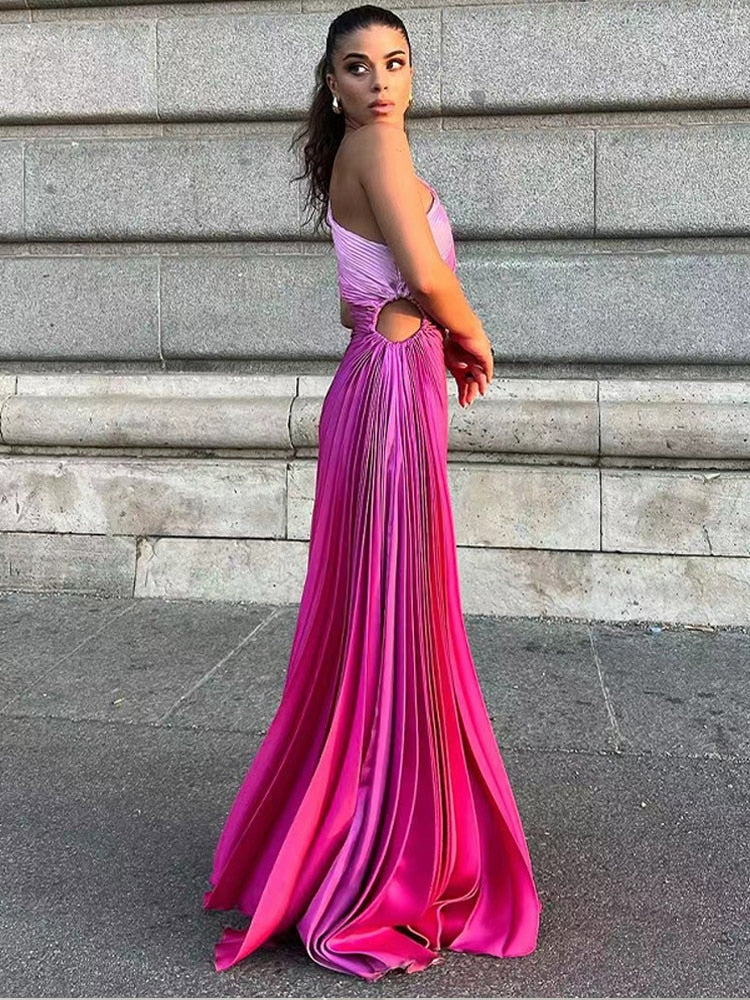 Pink Gradient Pleated One-Shoulder Maxi Dress