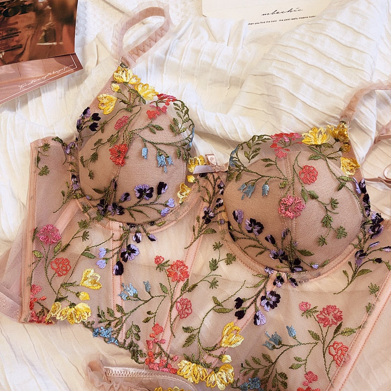 Floral Embroidery Padded Push Up 2 Piece Set