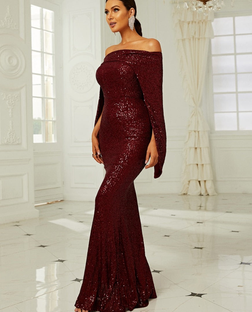 Off Shoulder Drape Sequin Maxi Dresses