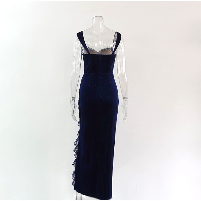 Blue Velvet Lace Trim Slit Midi Dress