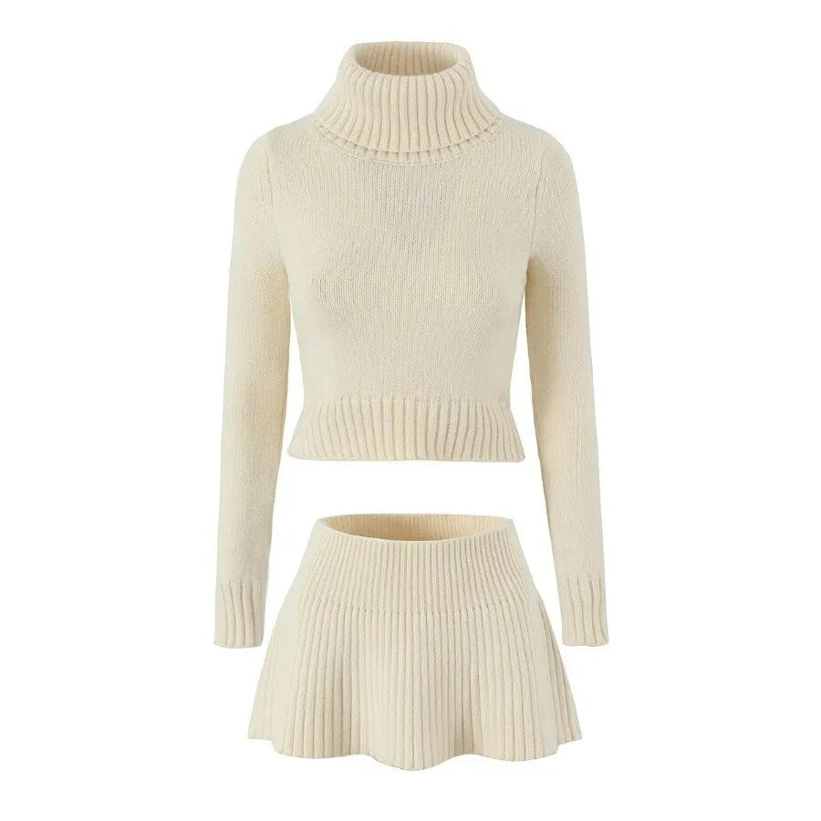 Knitted High Neck Long Sleeve Top And Mini Skirt Set