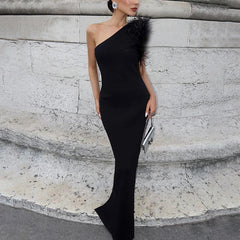 Black One Shoulder Feather Maxi Dress