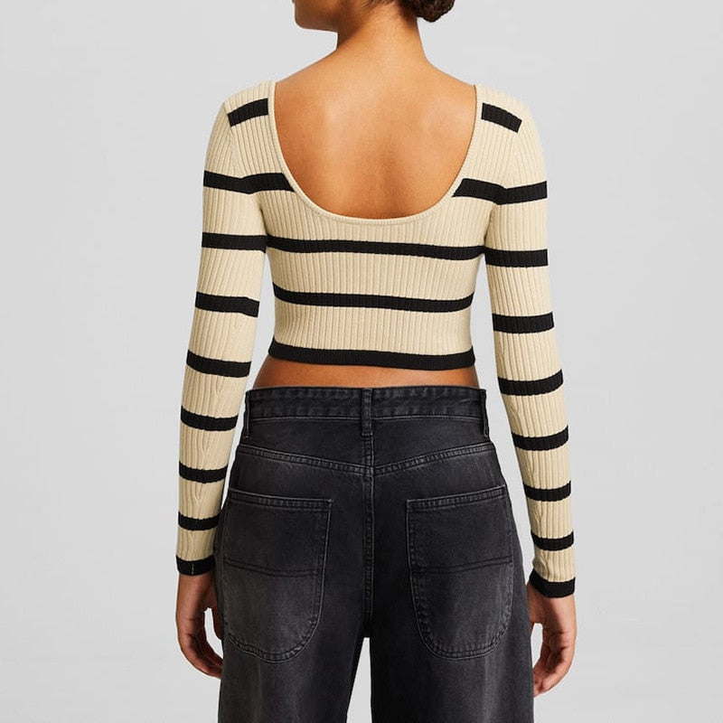 Striped Ribbed Long Sleeve Crop Top