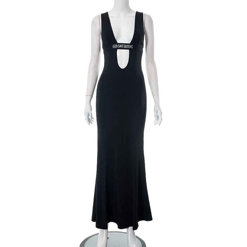 Black Deep Neck Strappy Bodycon Maxi Dress