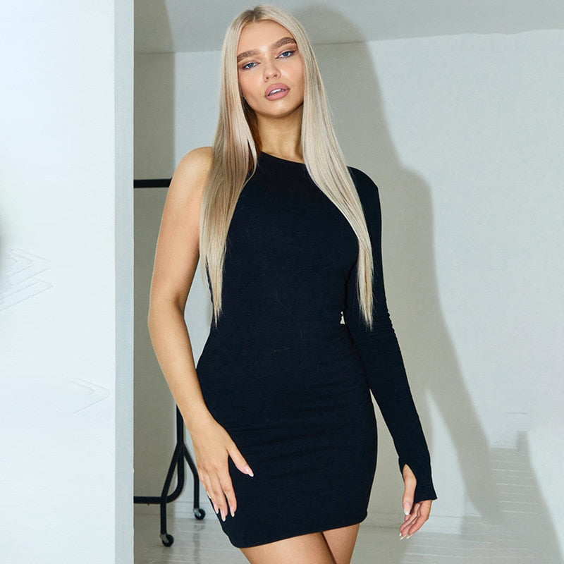 Black One Side Long Sleeve Bodycon Mini Dress