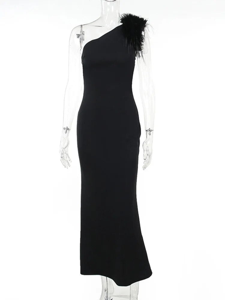 Black One Shoulder Feather Maxi Dress