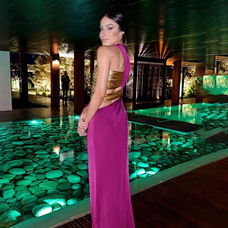 Purple One Sleeve Gold Wrap Maxi Dress