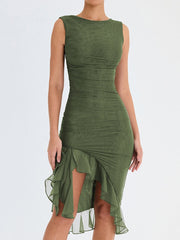 Mesh Ruffle Sleeveless Midi Dress