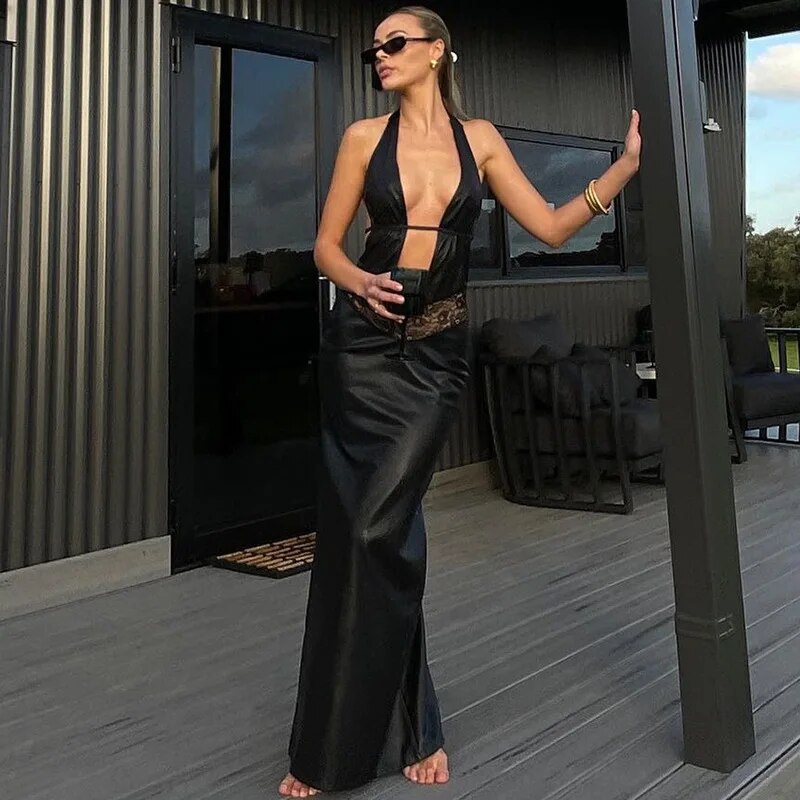 Black Faux Leather Deep V-Halter Backless Maxi Dress