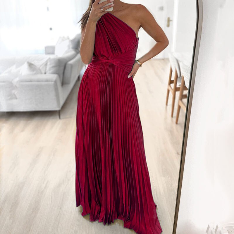 Satin Pleated Drape Sleeve Floor-Length Dresses