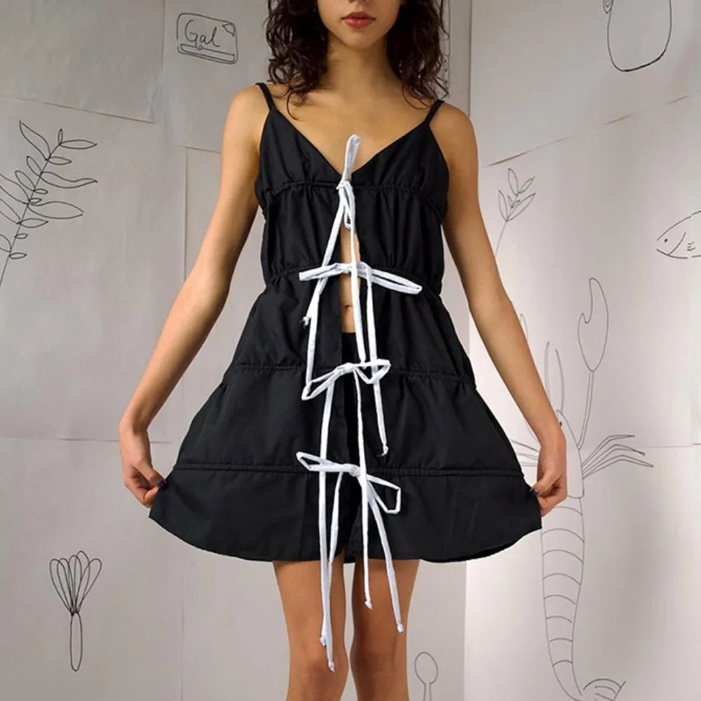 Black Lace Tie-Up Mini Dress