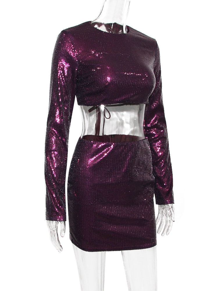 Purple Sequin Backless Crop Top And Mini Skirt Set