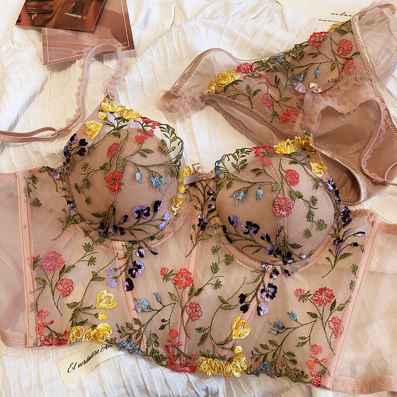 Floral Embroidery Padded Push Up 2 Piece Set