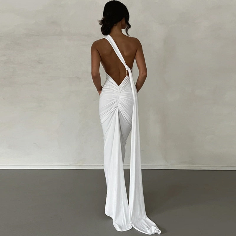 One Shoulder Back Tie Sleeveless Maxi Dresses