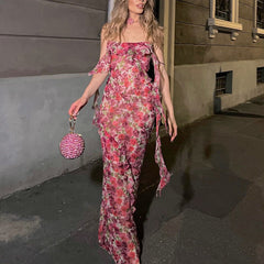 Pink Floral Print Ruffles Slip Maxi Dress