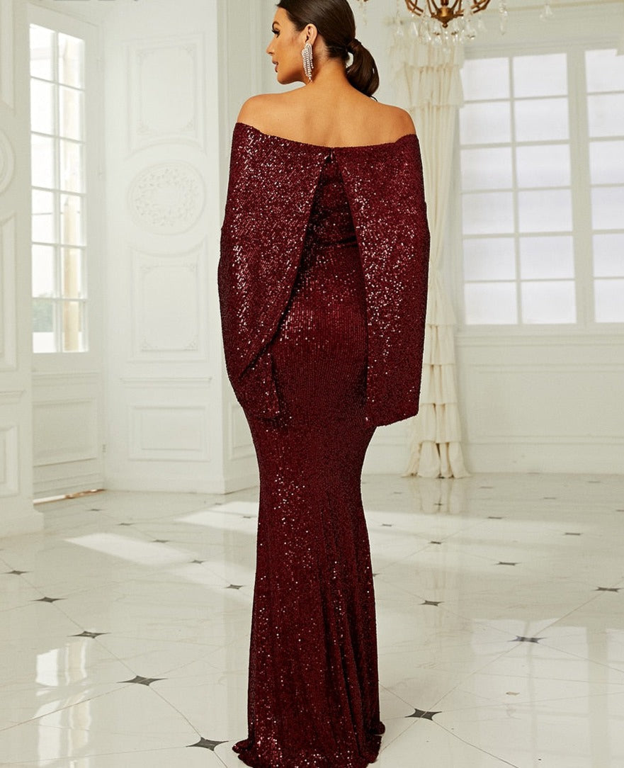 Off Shoulder Drape Sequin Maxi Dresses