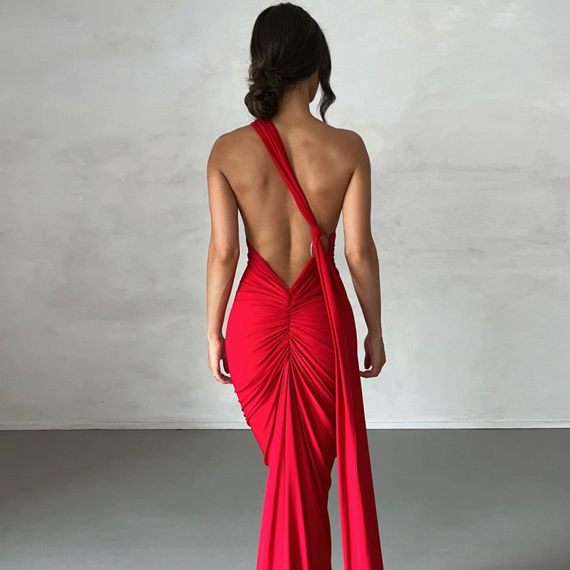 One Shoulder Back Tie Sleeveless Maxi Dresses