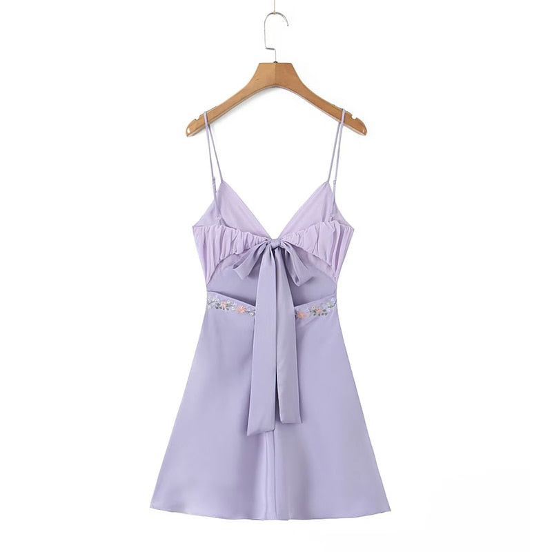 Purple Back Tie-Up Floral Embroidery Mini Dress