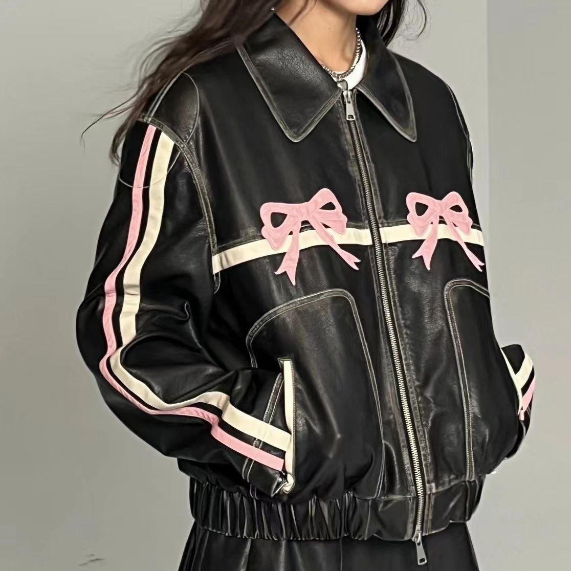 Faux Leather Stripe Bow Zipper Jacket