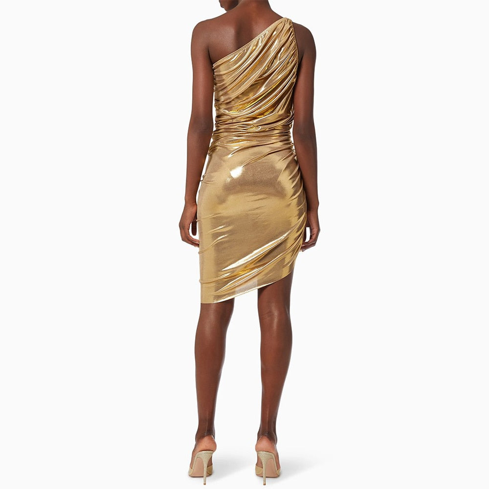 Golden Ruched One Shoulder Bodycon Midi Dress