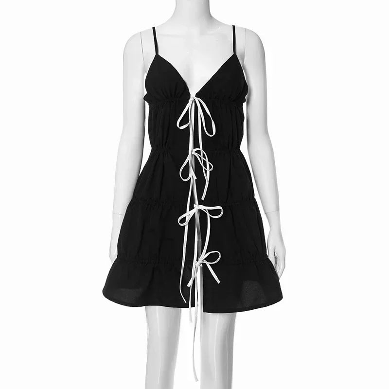 Black Lace Tie-Up Mini Dress