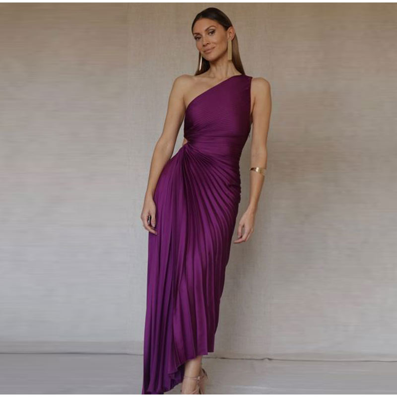 One Shoulder Sleeveless Pleated Irregular Maxi Dresses