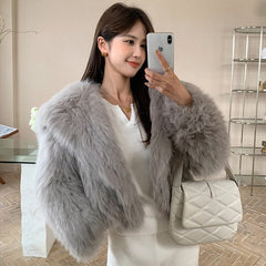 Fluffy Large Collar Knitted Real Fur Coats