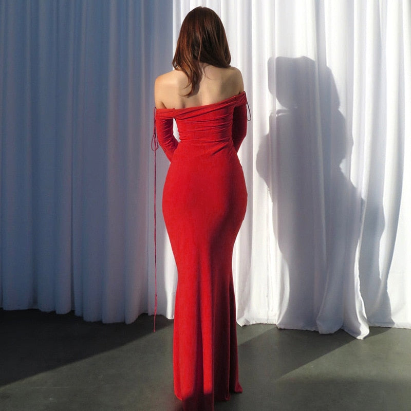 Red Off-shoulder Long Sleeve Drawstring Maxi Dress