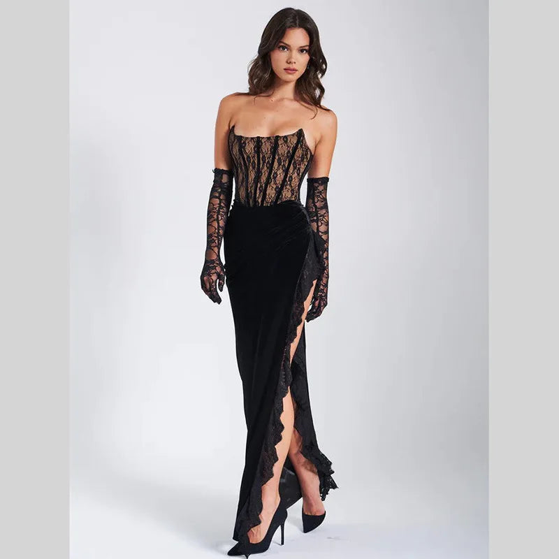 Black Lace Tube Frill Slit Maxi Dress