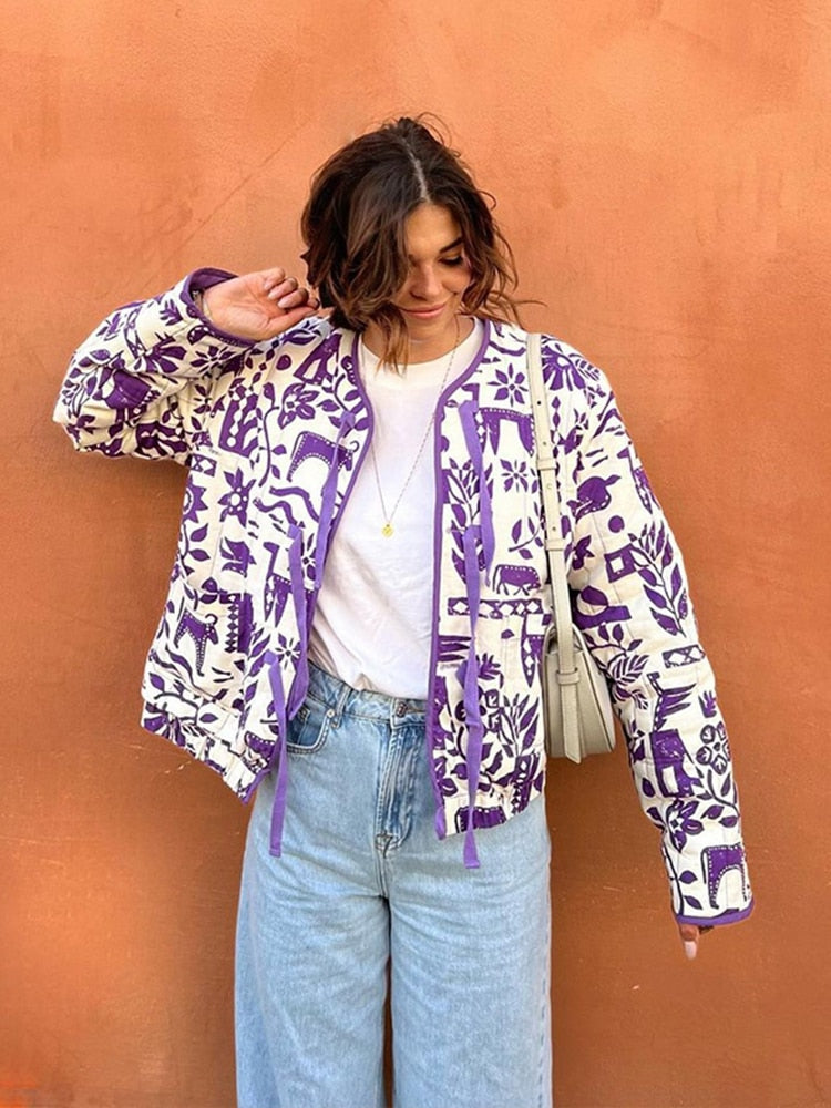 Purple Printed Quilted Jacket