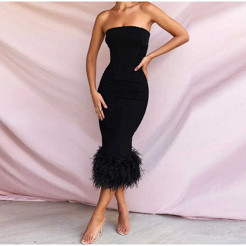 Corset Tube Fur Trim Bodycon Midi Dress