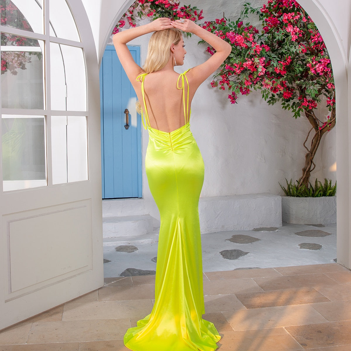 Candy Satin Deep V Sleeveless Floor-Length Gowns