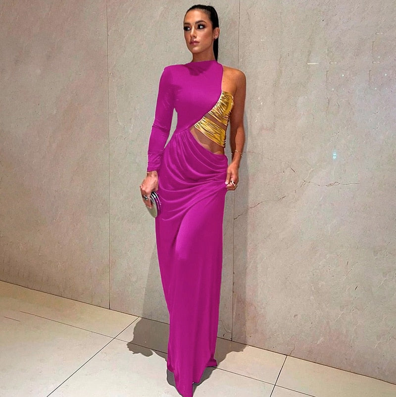 Purple One Sleeve Gold Wrap Maxi Dress