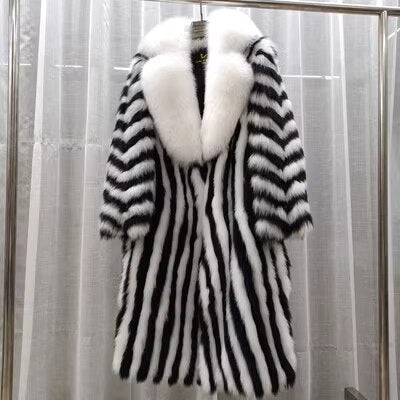 Thin Striped Color Pattern Real Fox Fur Coats  X-Long