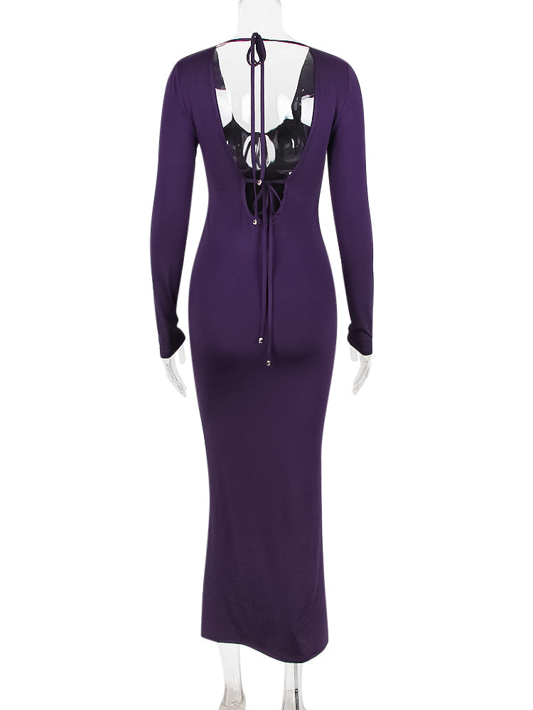 Purple Long Sleeve Tie Up Maxi Dress