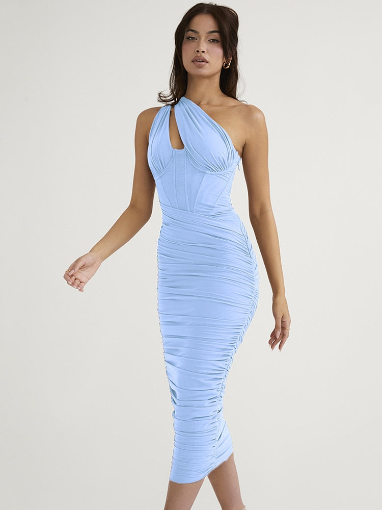 One Shoulder Sleeveless Ruched Midi Dresses