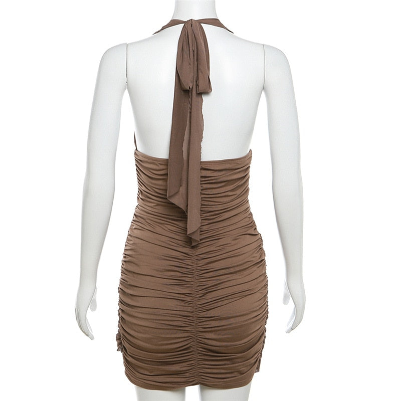 Brown Halter Deep Neck Ruched Bodycon Mini Dress