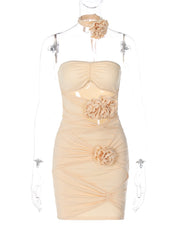 Beige Bodycon 3d Flower Tube Mini Dress