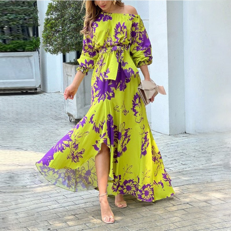 Print Off Shoulder Long Sleeve Maxi Dress