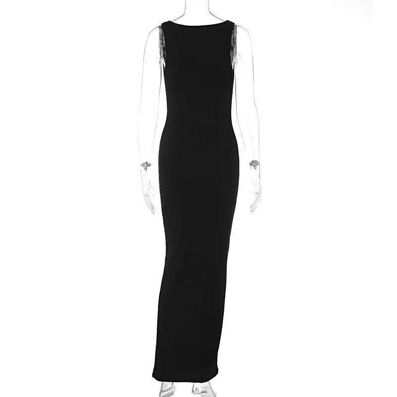 Ribbed Bandeau Deep Neck Layered Strap Long Dress