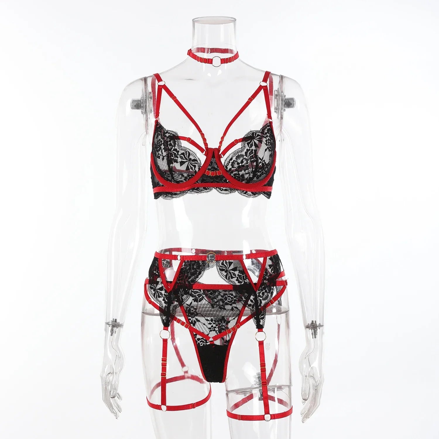 Black Lace Red Strap Contrast Lingerie Set