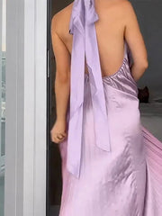 Purple Ombre Pleated Halter Deep V-neck Maxi Dress