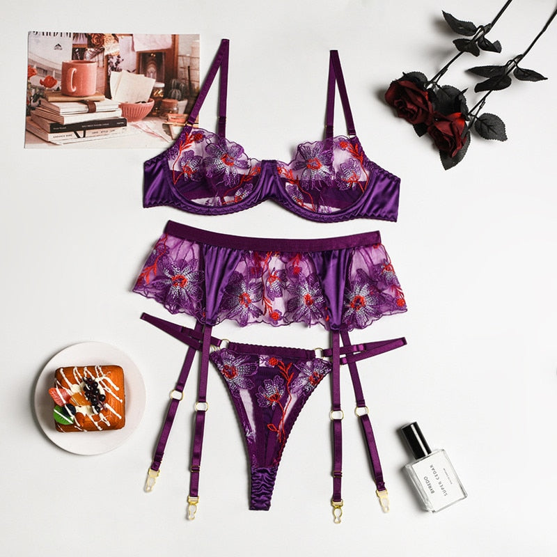 Purple Mesh Floral Detail 3-Piece Set