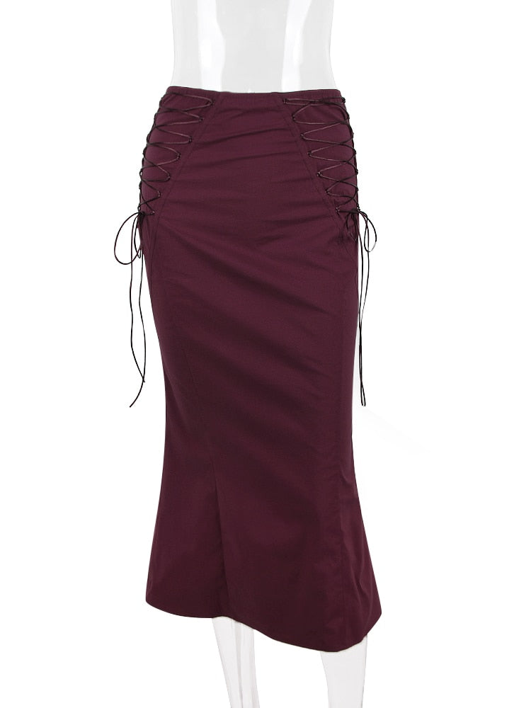 Burgundy Strap Corset Top And Lace Tie-Up Midi Skirt Set