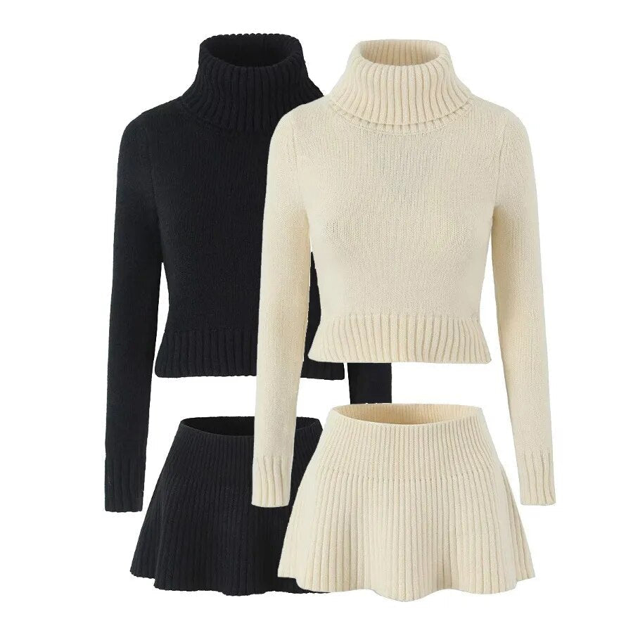 Knitted High Neck Long Sleeve Top And Mini Skirt Set