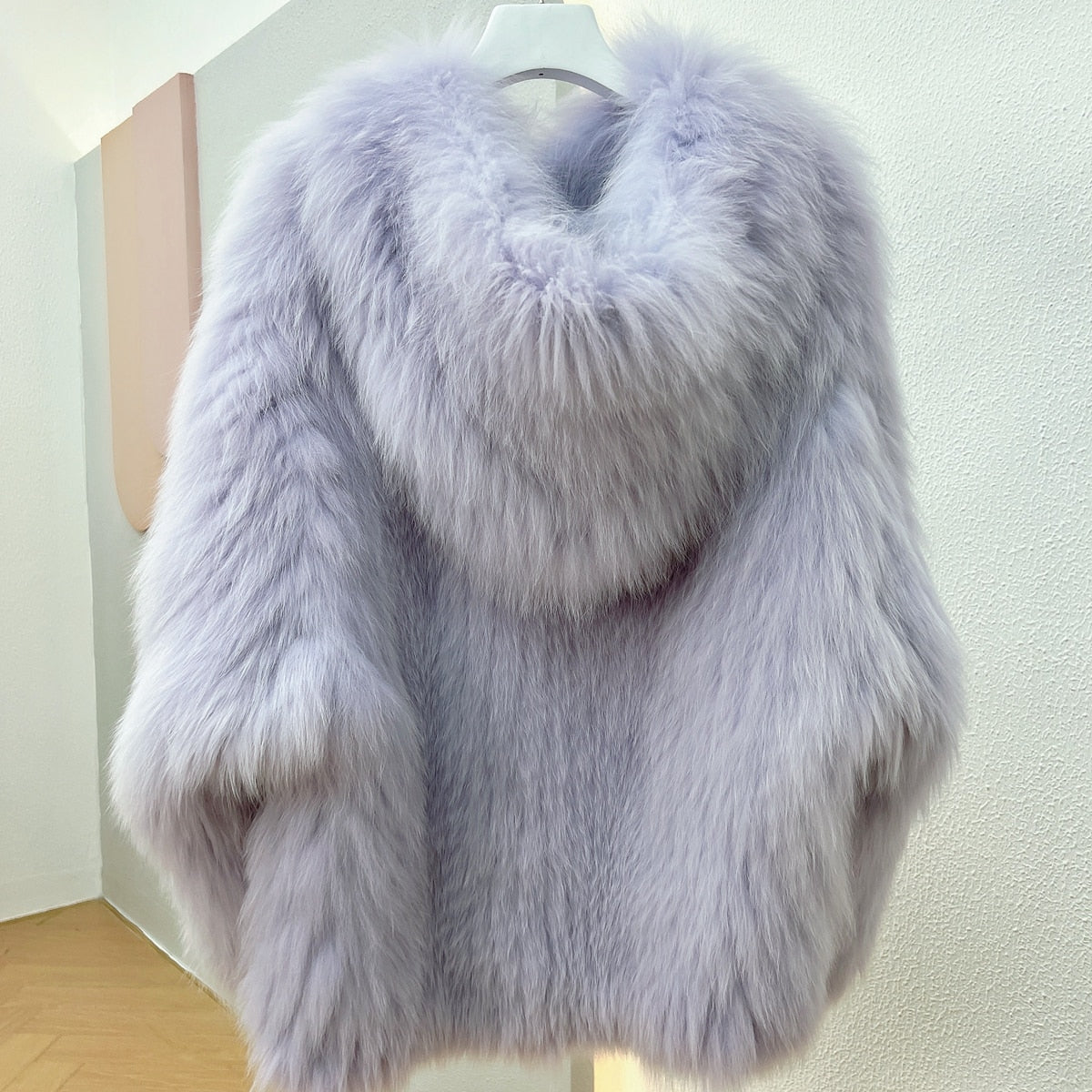 Luxury Knitted Hooded Bat Sleeved Real Fur Coats