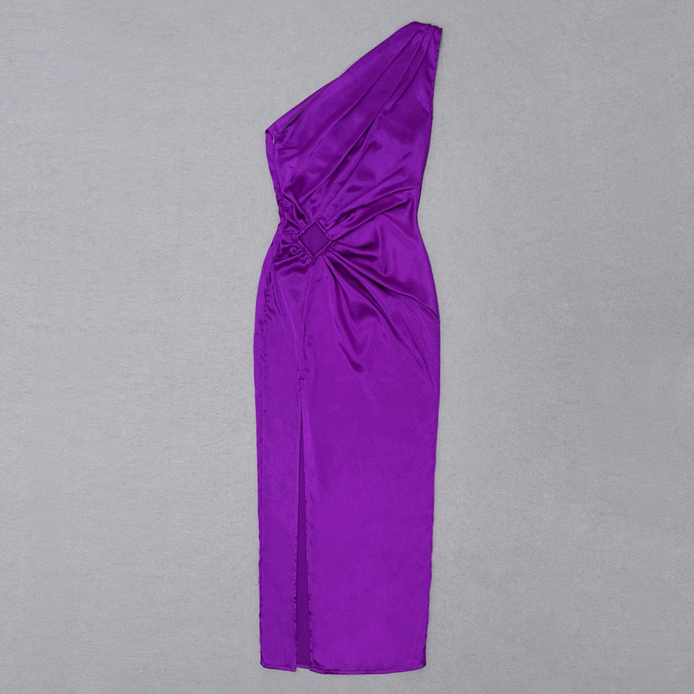 Purple One Shoulder Satin Hollow Cut Maxi Dress