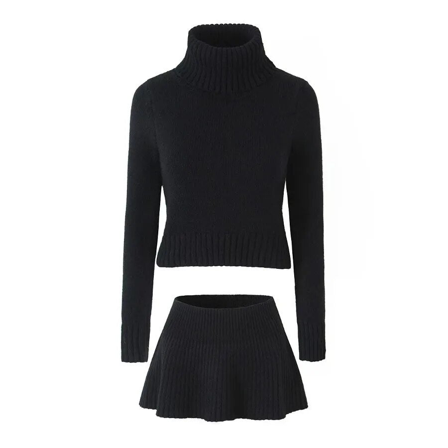 Knitted High Neck Long Sleeve Top And Mini Skirt Set