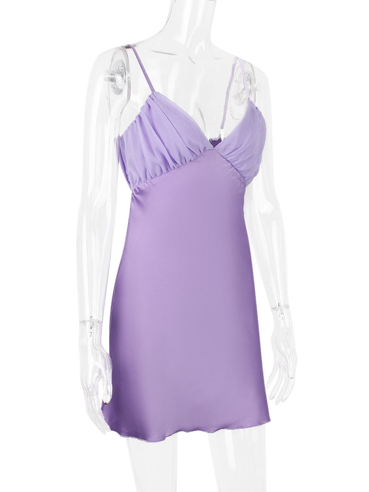 Purple Satin Back Bow Tie-Up Mini Dress